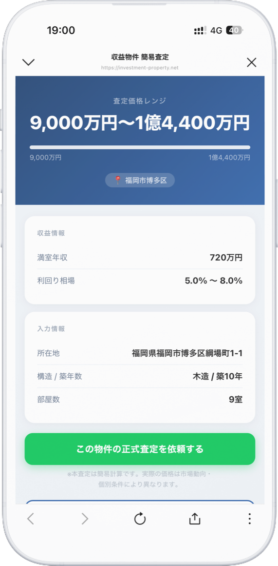 診断結果イメージ｜査定価格レンジ 9,000万円〜1億4,400万円